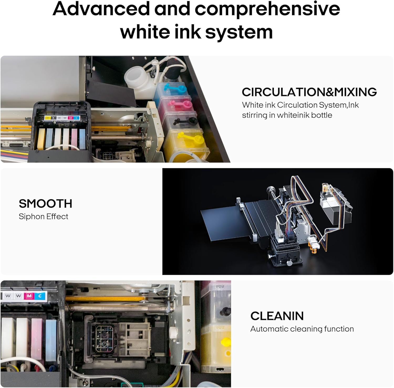 Advanced and comprehensive white ink system

CIRCULATION&MIXING  
White ink Circulation System, Ink stirring in white ink bottle

SMOOTH  
Siphon Effect

CLEANING  
Automatic cleaning function