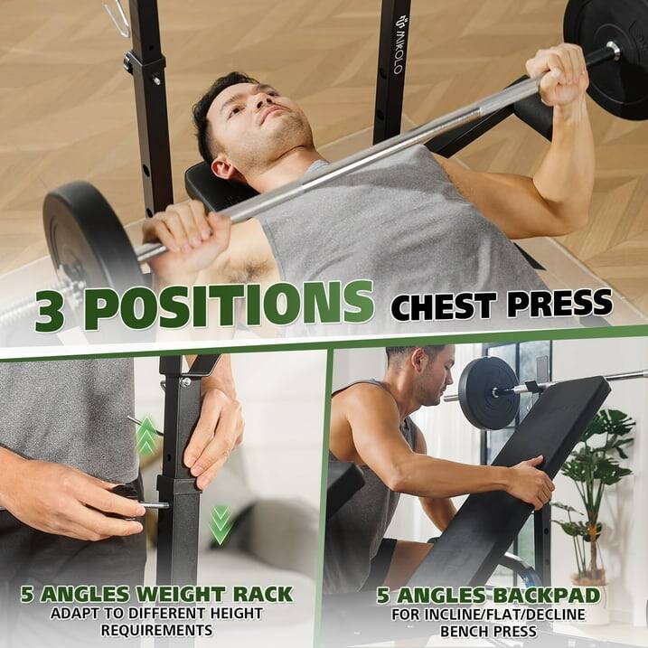 WIKOO 3 POSITIONS CHEST PRESS
5 ANGLES WEIGHT RACK ADAPT TO DIFFERENT HEIGHT REQUIREMENTS
5 ANGLES BACKPAD FOR INCLINE/FLAT/DECLINE BENCH PRESS