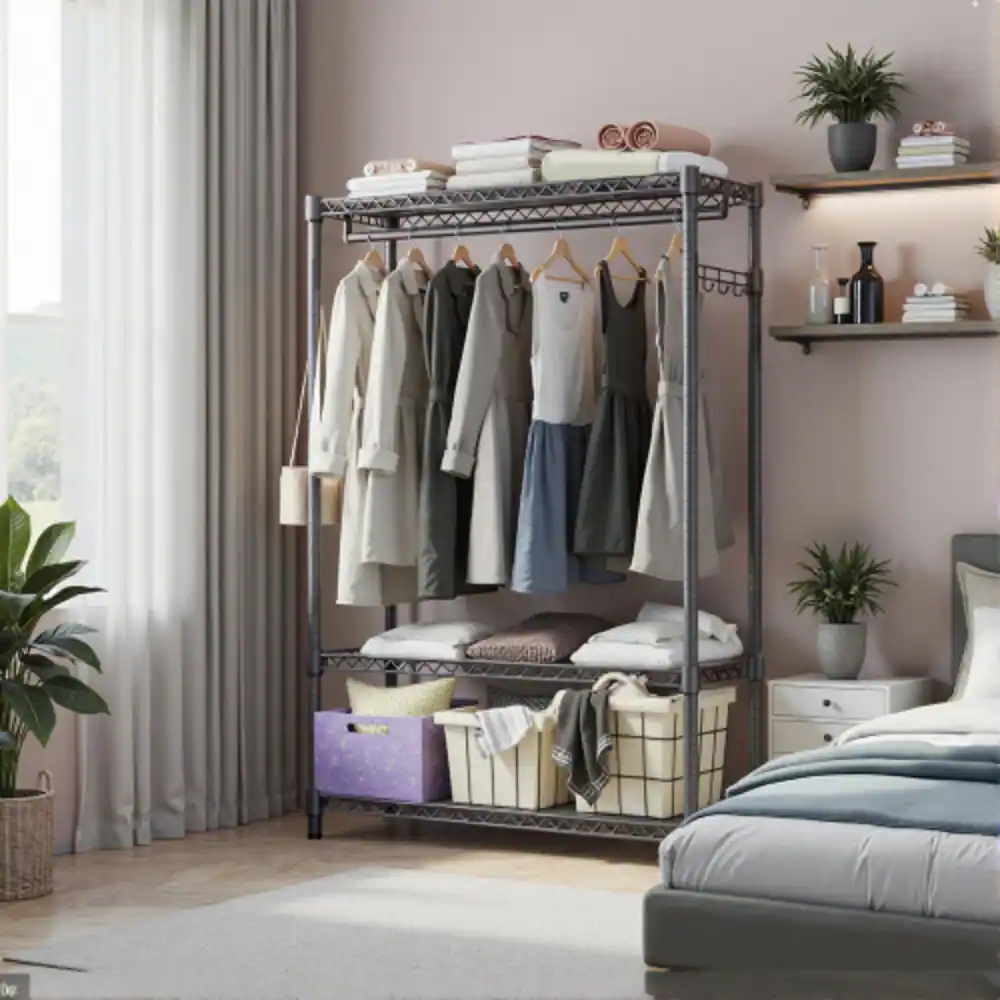 Back. LUCKY ONE - 72.4" H Heavy Duty Garment Rack w/ 1 Rod 3 Tiers Side Hooks Adjustable - Grey.