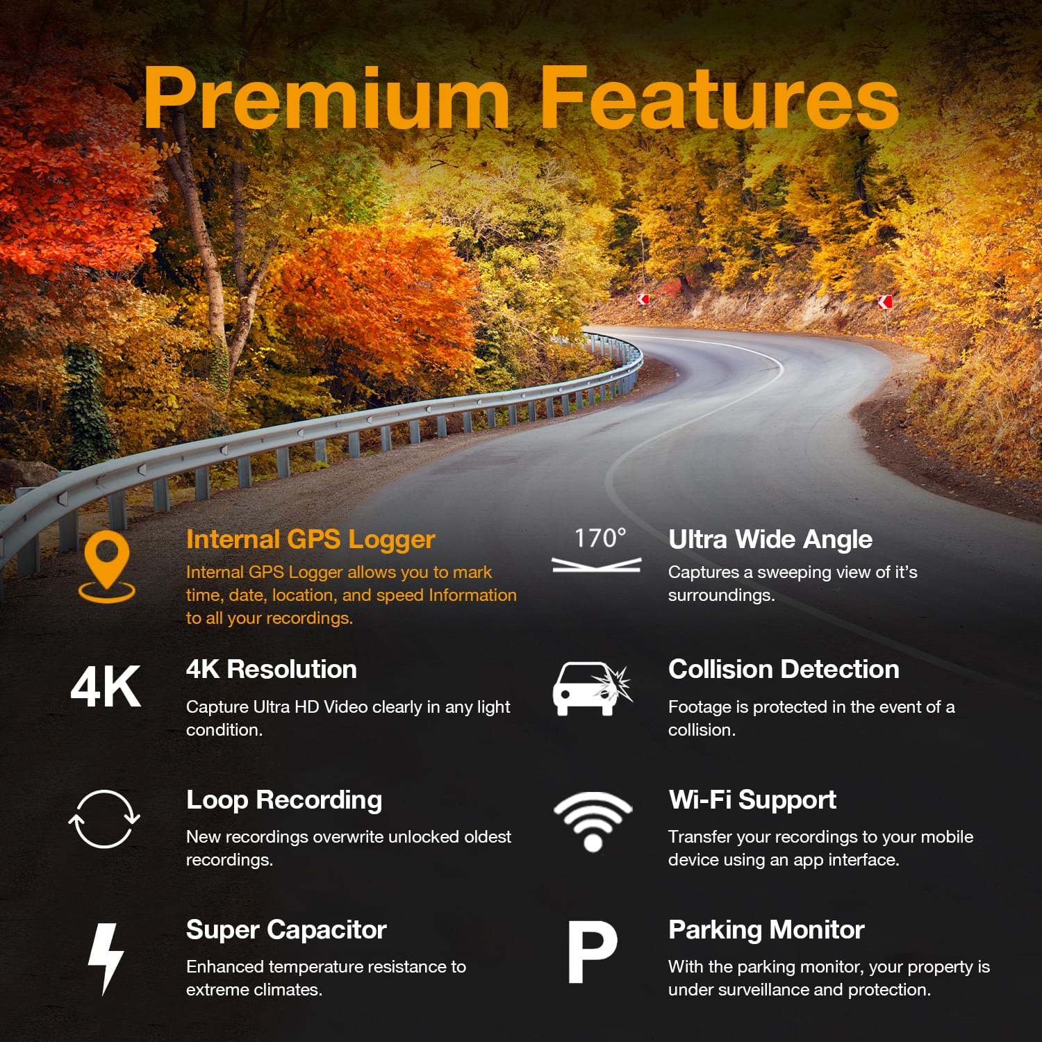 Premium Features:
1. Internal GPS Logger: Mark time, date, location, and speed information to all your recordings.
2. 170 Ultra Wide Angle: Captures a sweeping view of its surroundings.
3. 4K Resolution: Capture Ultra HD video clearly in any light condition.
4. Collision Detection: Footage is protected in the event of a collision.
5. Loop Recording: New recordings overwrite unlocked oldest recordings.
6. Wi-Fi Support: Transfer your recordings to your mobile device using an app interface.
7. 4 Super Capacitor: Enhanced temperature resistance to extreme climates.
8. Parking Monitor: With the parking monitor, your property is under surveillance and protection.
