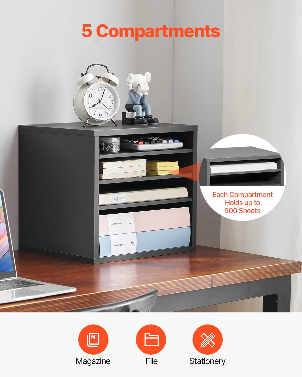 5 Compartments

Each Compartment Holds up to 500 Sheets

Magazine
File
Stationery