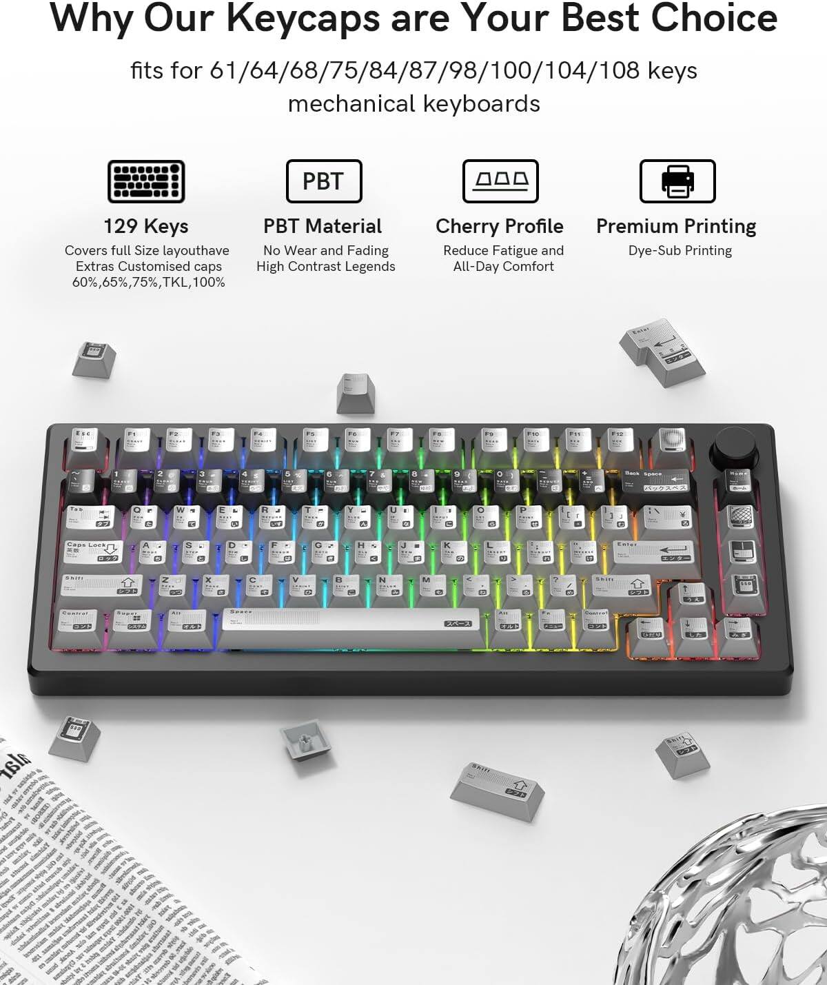 Why Our Keycaps are Your Best Choice

fits for 61/64/68/75/84/87/98/100/104/108 keys mechanical keyboards

- 129 Keys
  - Covers full Size layout
  - Extras Customised caps
  - 60%, 65%, 75%, TKL, 100%

- PBT Material
  - No Wear and Fading
  - High Contrast Legends

- Cherry Profile
  - Reduce Fatigue and All-Day Comfort

- Premium Printing
  - Dye-Sub Printing