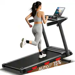 ROBORE - SF60 15% Auto Incline Treadmill for Home Office, One-Knob Folding Design, 7.2MPH 3.0HP Quiet Motor, LED Display, 300 LBS - Black