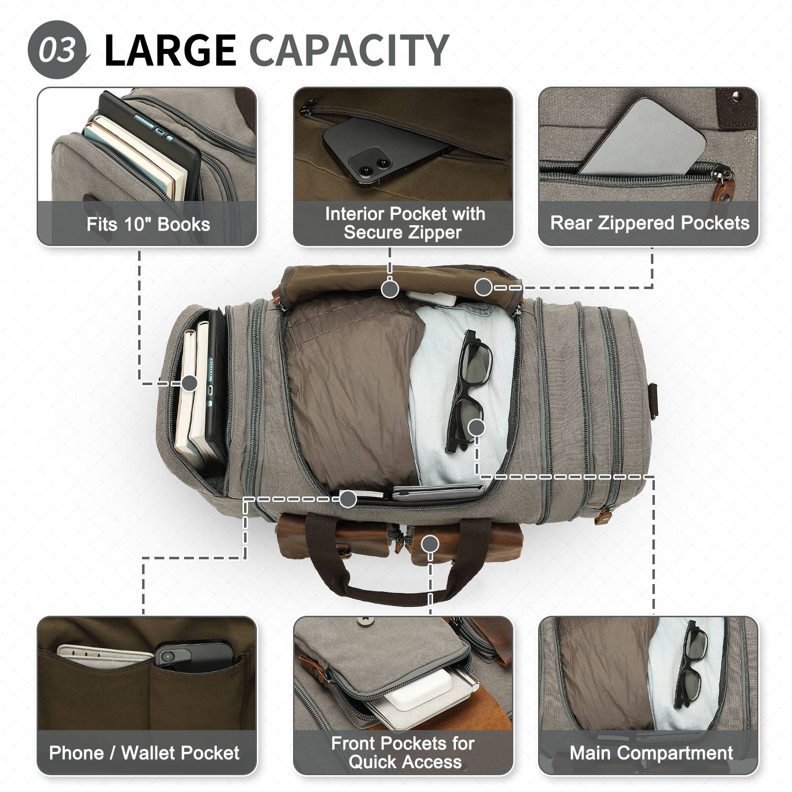 03 LARGE CAPACITY

- Fits 10" Books
- Interior Pocket with Secure Zipper
- Rear Zippered Pockets
- Phone / Wallet Pocket
- Front Pockets for Quick Access
- Main Compartment