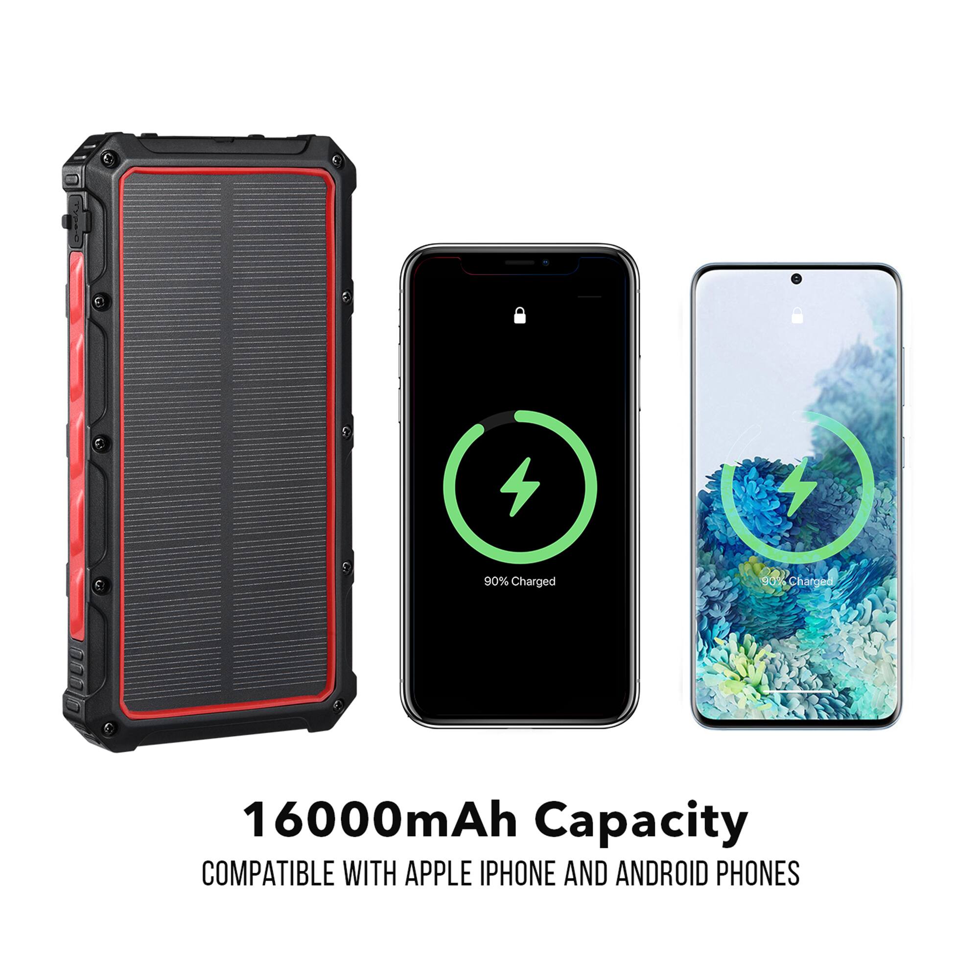 90% Charged  
90% Charged  
16000mAh Capacity  
COMPATIBLE WITH APPLE IPHONE AND ANDROID PHONES  

16000mAh Capacity  
COMPATIBLE WITH APPLE IPHONE AND ANDROID PHONES