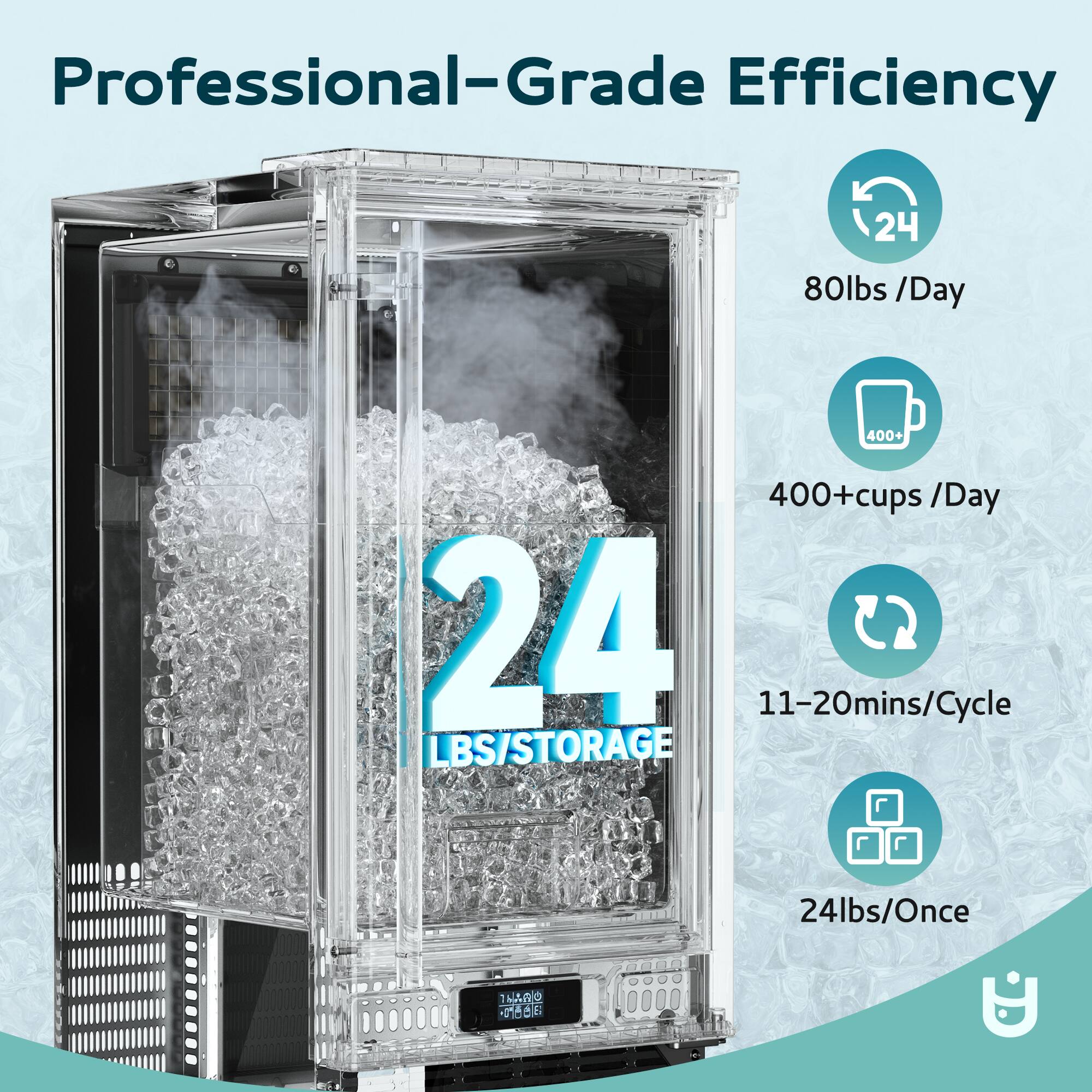 Professional-Grade Efficiency  
24  
80lbs / Day  
400+ cups / Day  
11-20mins / Cycle  
24lbs / Once