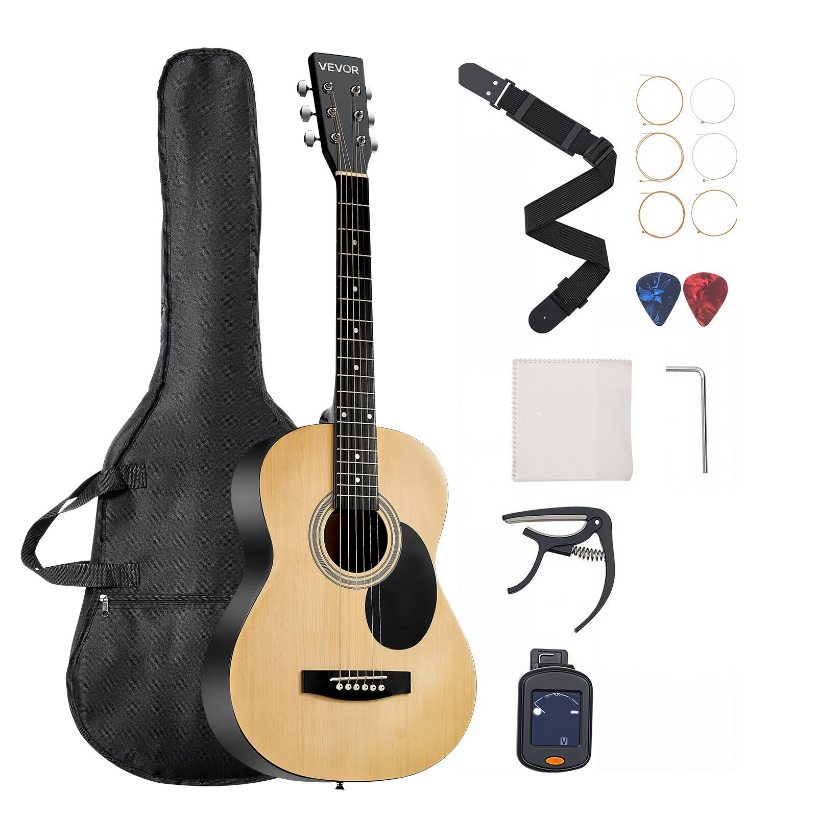 Front. VEVOR - Dreadnought Acoustic Guitar, 36 in, 6-String Natural Solid Top Guitar, Portable Bundle with Gig Bag, Tuner, Strap - Natural Color.