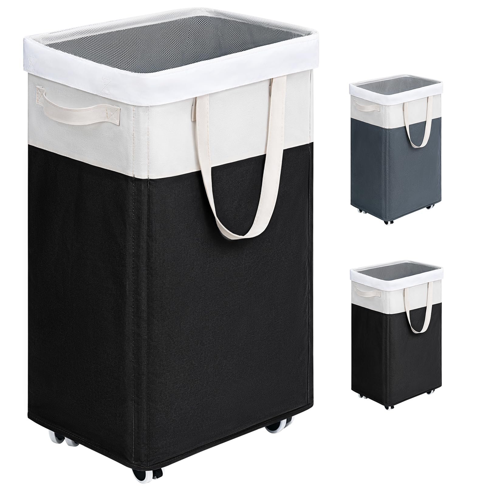 Dapper Styles - Laundry Basket With Wheels 75l Hamper Removable Wash Bag Collapsible Baskets Rolling - Black & White-75L
