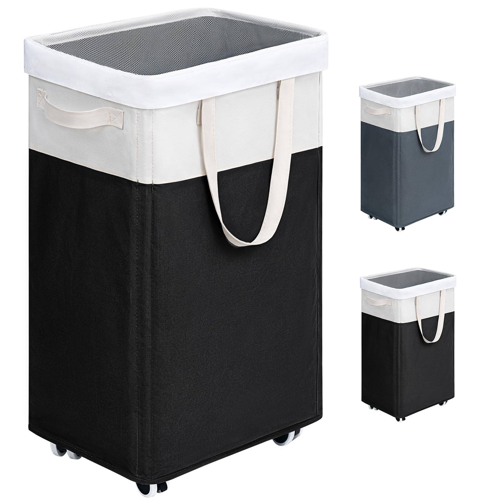 Front. Dapper Styles - Laundry Basket With Wheels 75l Hamper Removable Wash Bag Collapsible Baskets Rolling - Black & White-75L.