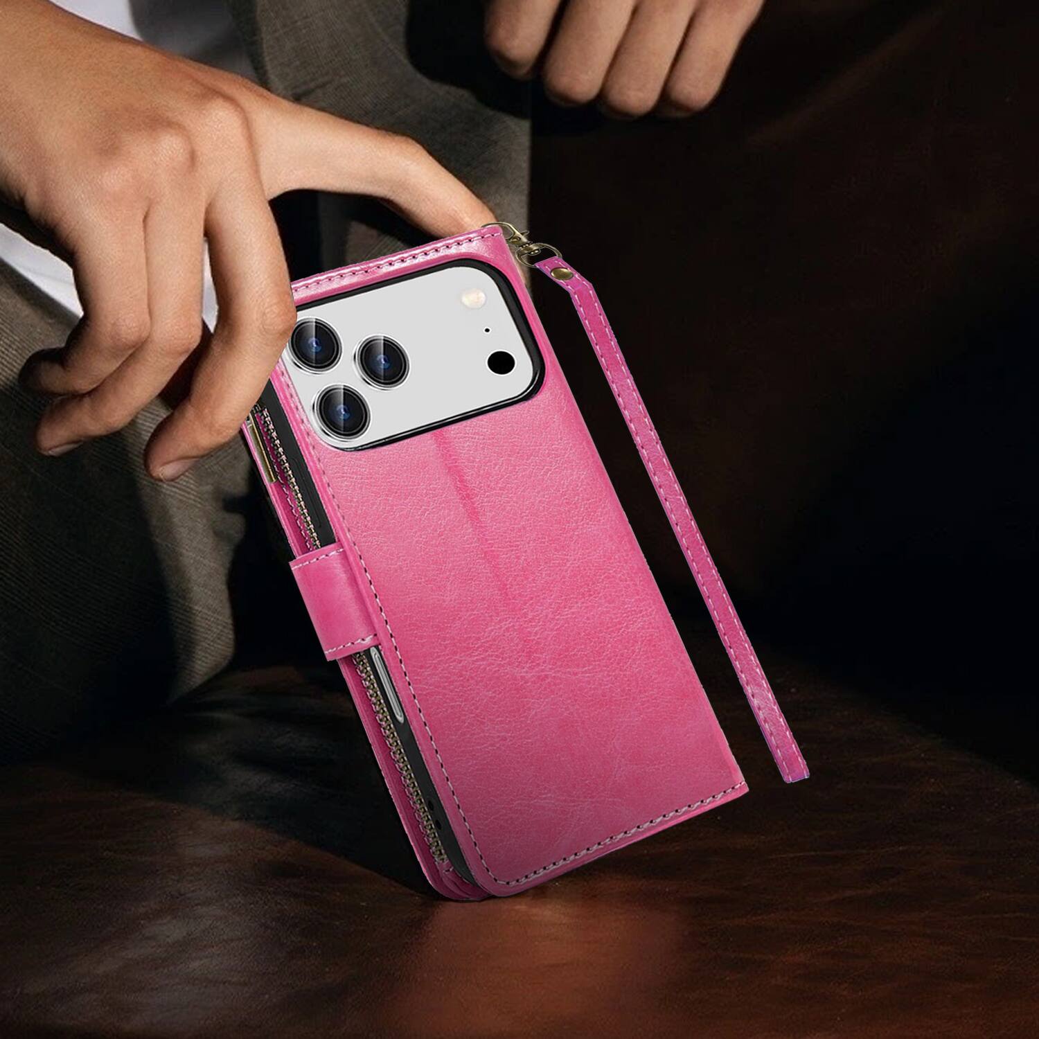 Alt View 6. Equipd - Phone Case for iPhone 17 Pro 6.3", Luxury Wallet Card ID Zipper Money Holder Cover (Pink) - Pink.