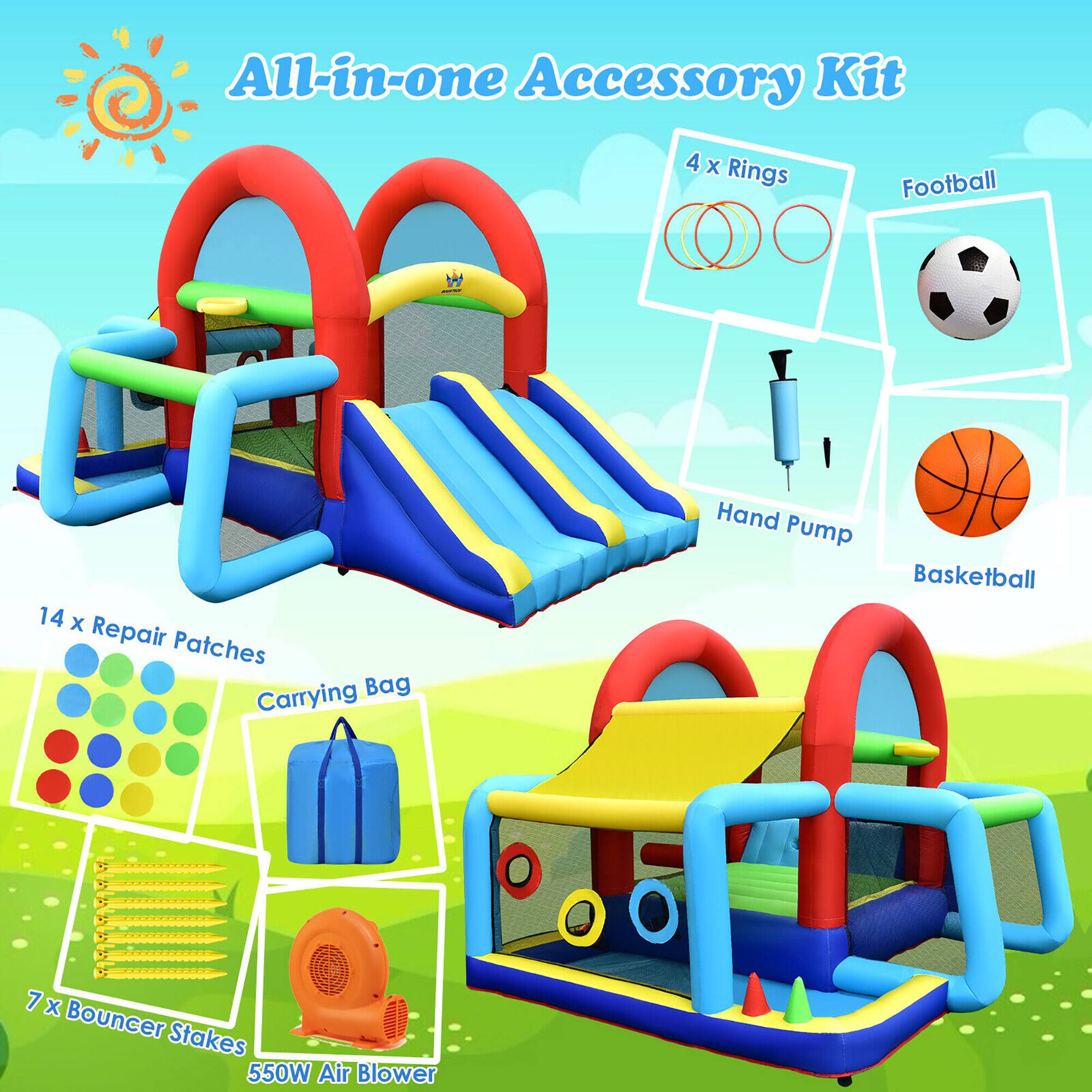 All-in-one Accessory Kit

- 4 x Rings
- Football
- Hand Pump
- Basketball
- 14 x Repair Patches
- Carrying Bag
- 7 x Bouncer Stakes
- 550W Air Blower