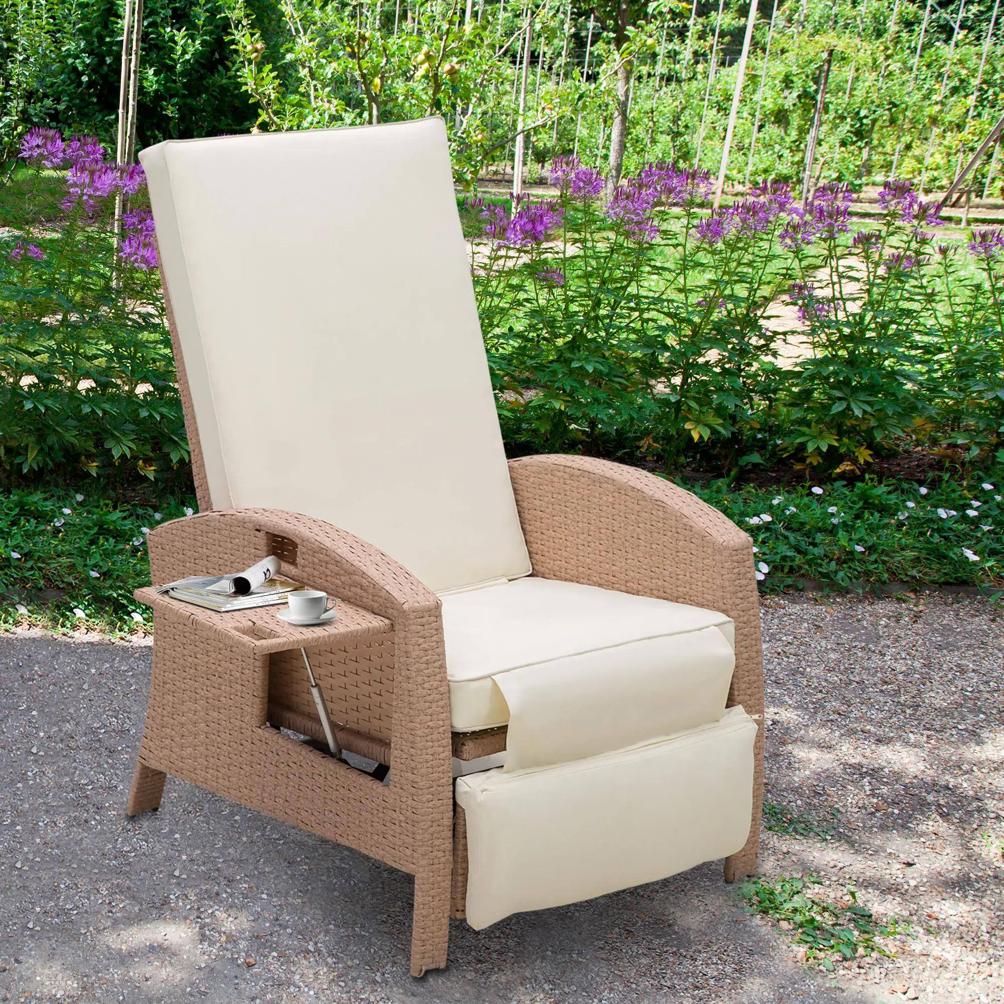 Left. Resenkos - Resenkos Patio Recliner, Outdoor Reclining Chair with Flip-Up Side Table, All-Weather Wicker Metal Frame Chaise, Beige - Beige.