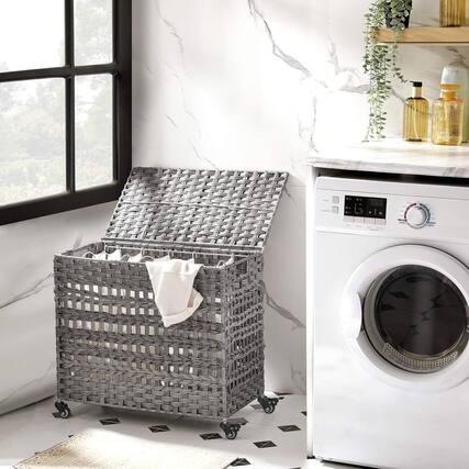 Front. Hivvago - Grey PP Rattan 3-Basket Laundry Hamper Sorter Cart with Removable Cotton Bags - Gray.