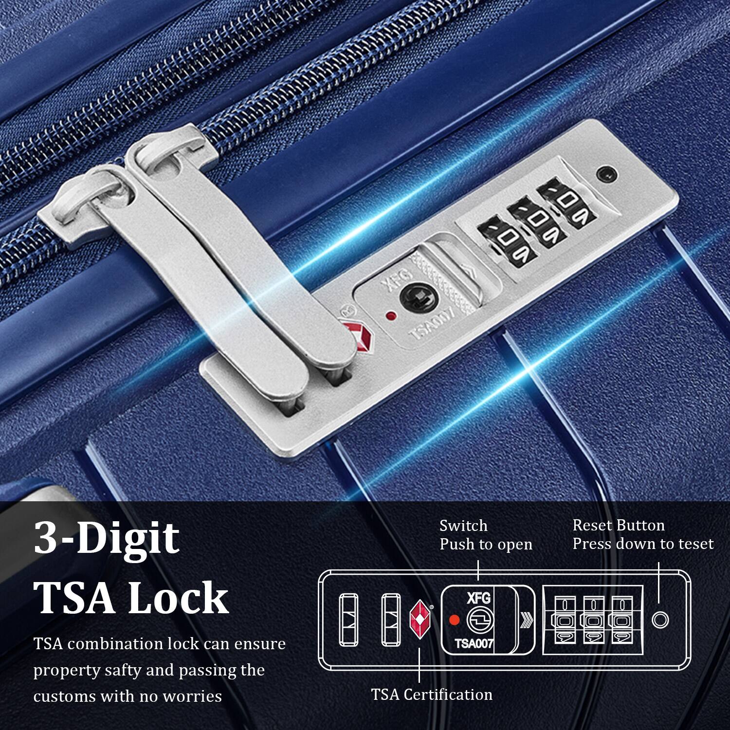 R XFG TSA007 6 1 1 - I - a - O V

3-Digit TSA Lock

TSA combination lock can ensure property safety and passing the customs with no worries

Switch Push to open

Reset Button Press down to reset

TSA Certification

XFG TSA007