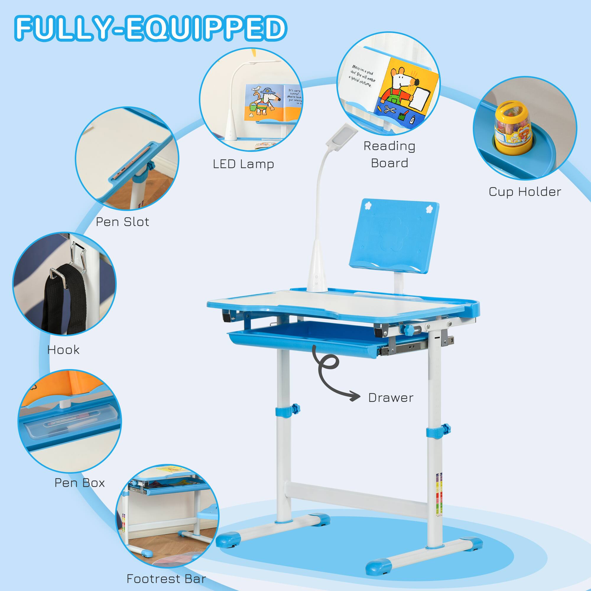 FULLY-EQUIPPED

- LED Lamp
- Reading Board
- Cup Holder
- Pen Slot
- Hook
- Pen Box
- Drawer
- Footrest Bar