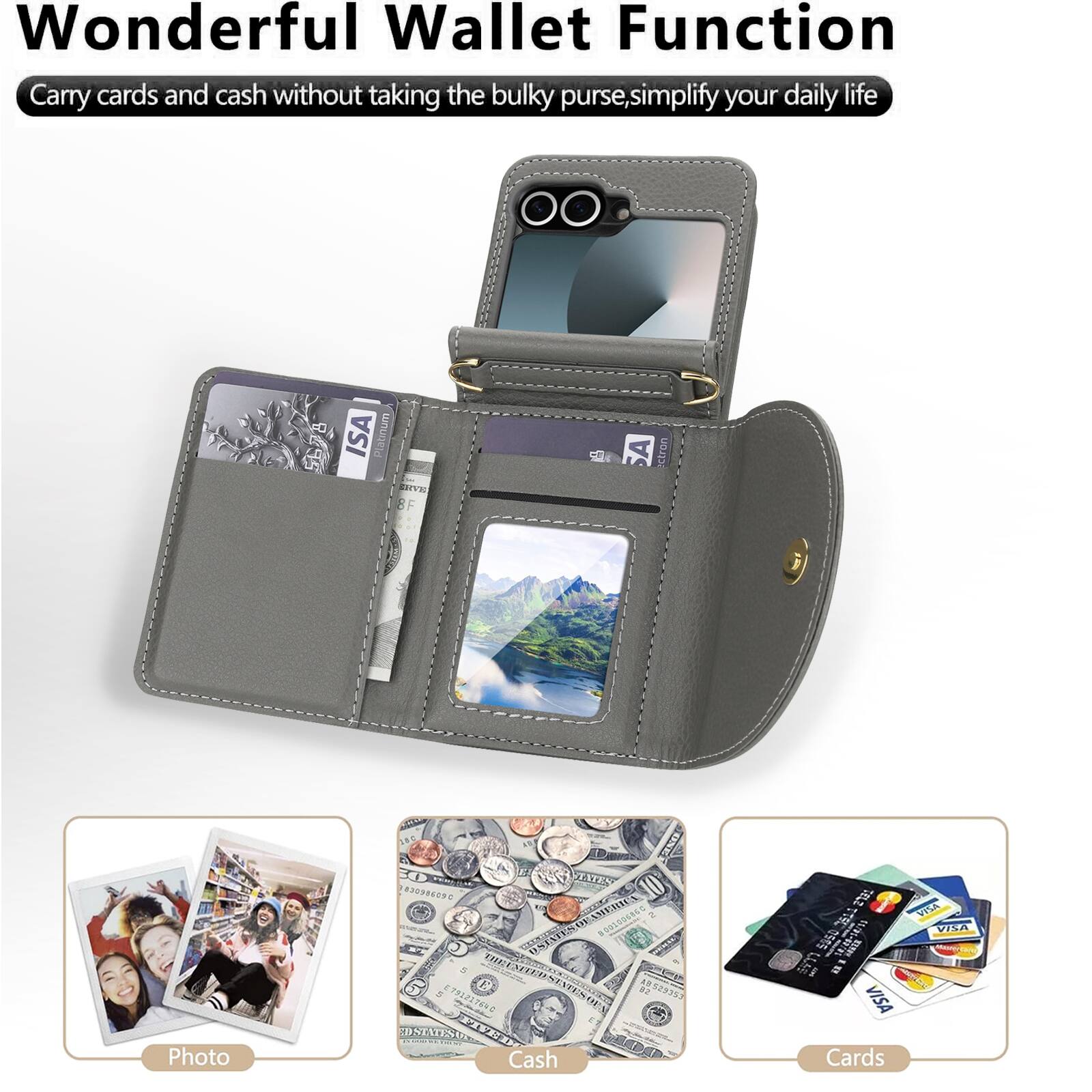 Wonderful Wallet Function  
Carry cards and cash without taking the bulky purse, simplify your daily life  

ISA Platinum  
8F SA tren Photo ONE TITEA D9C OL ER R0 ATEN a CR TIESX  
O 2 49529359 STATES BV  
Cash CELZ 050s I LLAS In VISA Cards VISA VINA