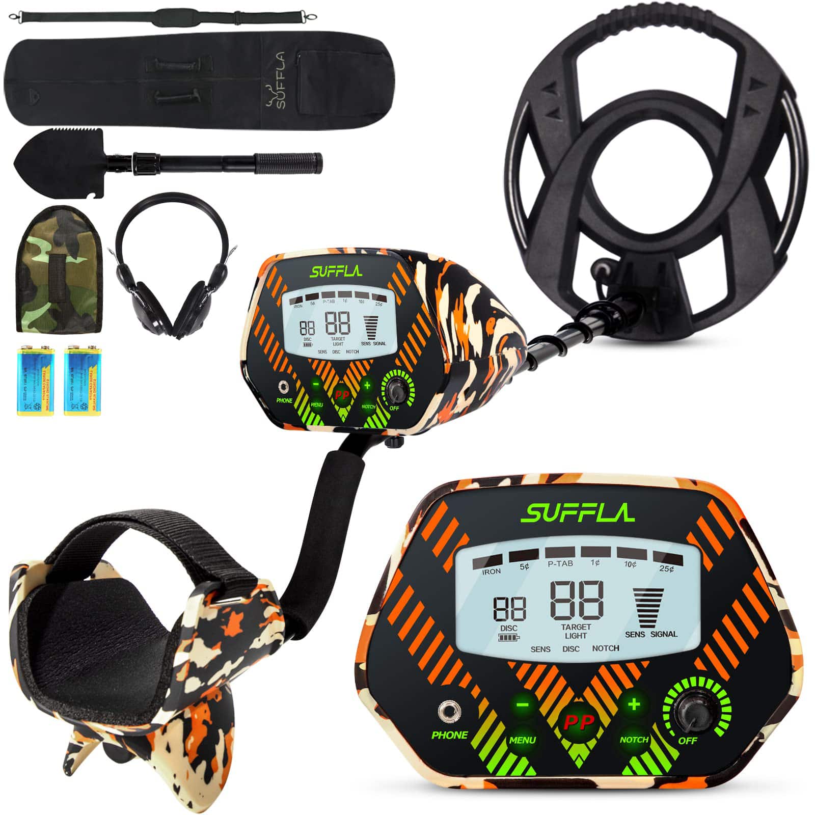 Suffla - 41-52 in. Metal Detector with Adjustable LCD Display, Waterproof Search Coil, 5 Operation Modes - Red Camouflage