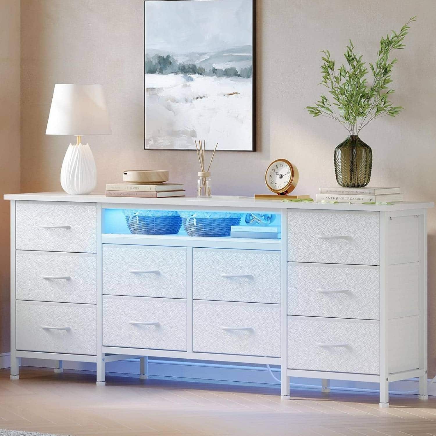 Acekool - 63 Inch Long Dresser TV Stand with 10 Fabric Drawers for 65-75 Inch TVs - White