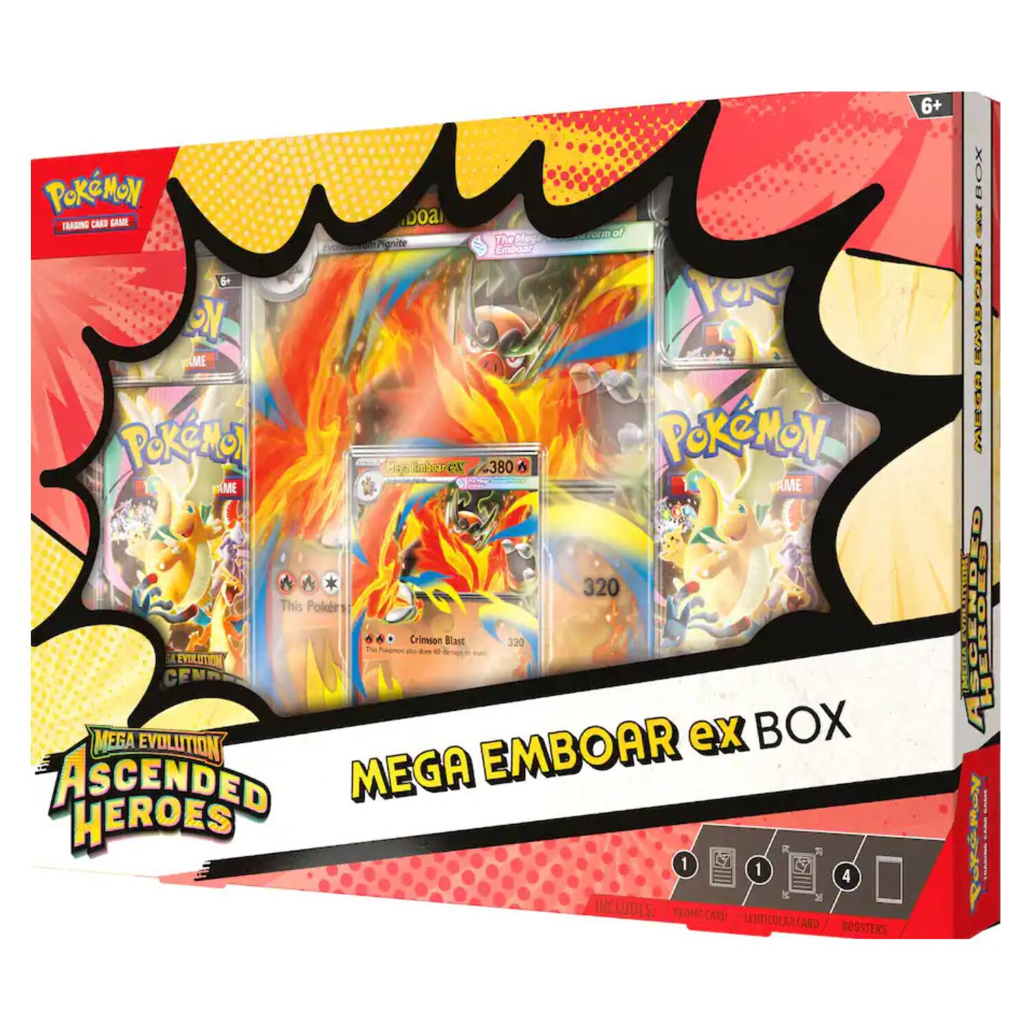 Pokémon Trading Card Game  
Mega Evolution Ascended Heroes  
Mega Emboar ex Box  
Includes:  
1 Promo Card  
1 Lenticular Card  
6+ Boosters  

Mega Emboar ex  
HP: 380  
Crimson Blast  
320  

Emboar  
HP: 320  

Froakie  
HP: 60  

Ferroseed  
HP: 80  

Mega Evolution  
Ascended Heroes