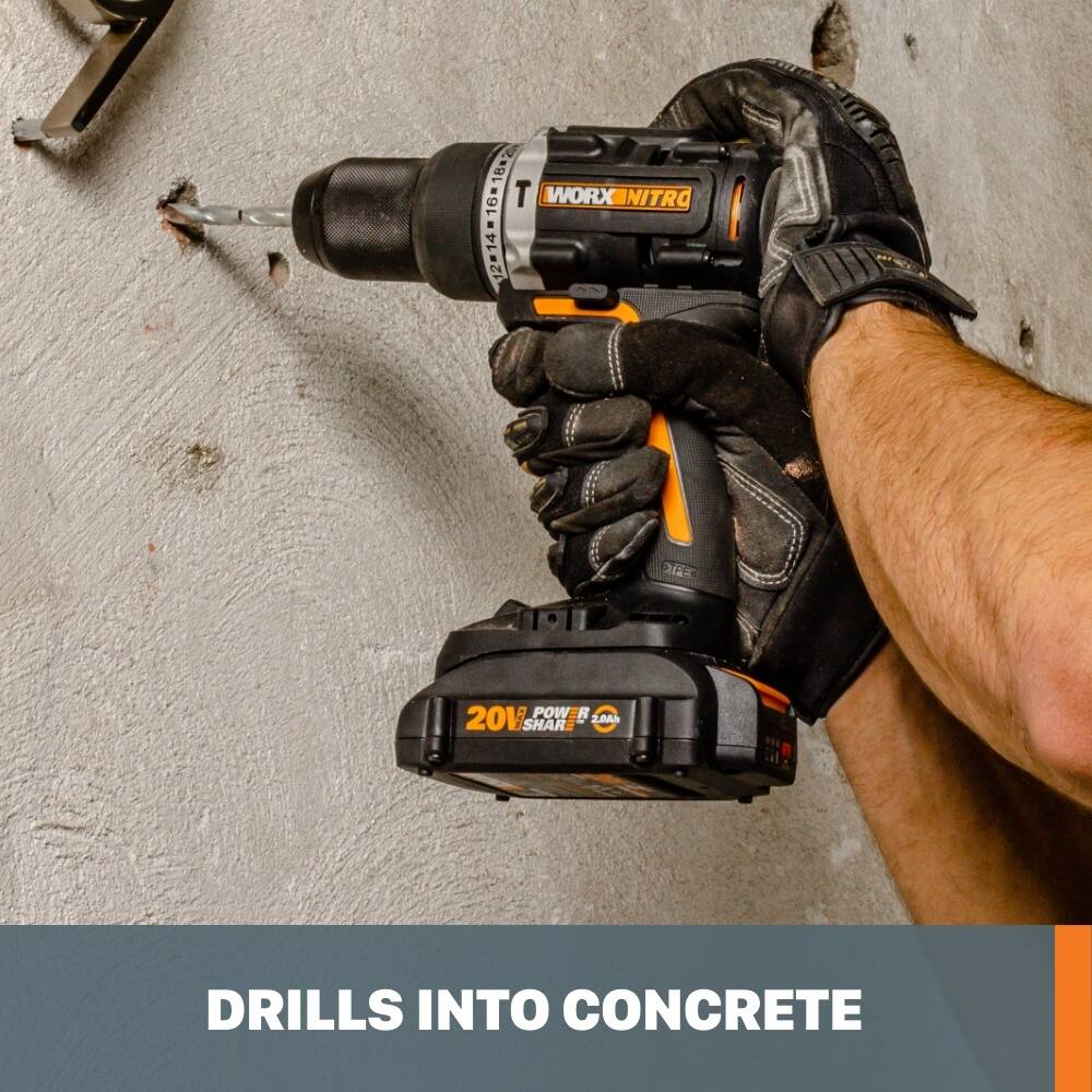 18% 16=18 16 T WORX_NITRO 12-14 D 20V POW R 2,0Ah SHAR DRILLS INTO CONCRETE