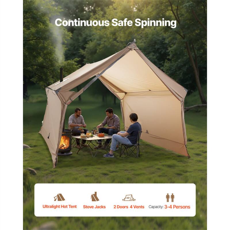 Continuous Safe Spinning

- Ultralight Hot Tent
- Stove Jacks
- 2 Doors 4 Vents
- Capacity: 3-4 Persons
