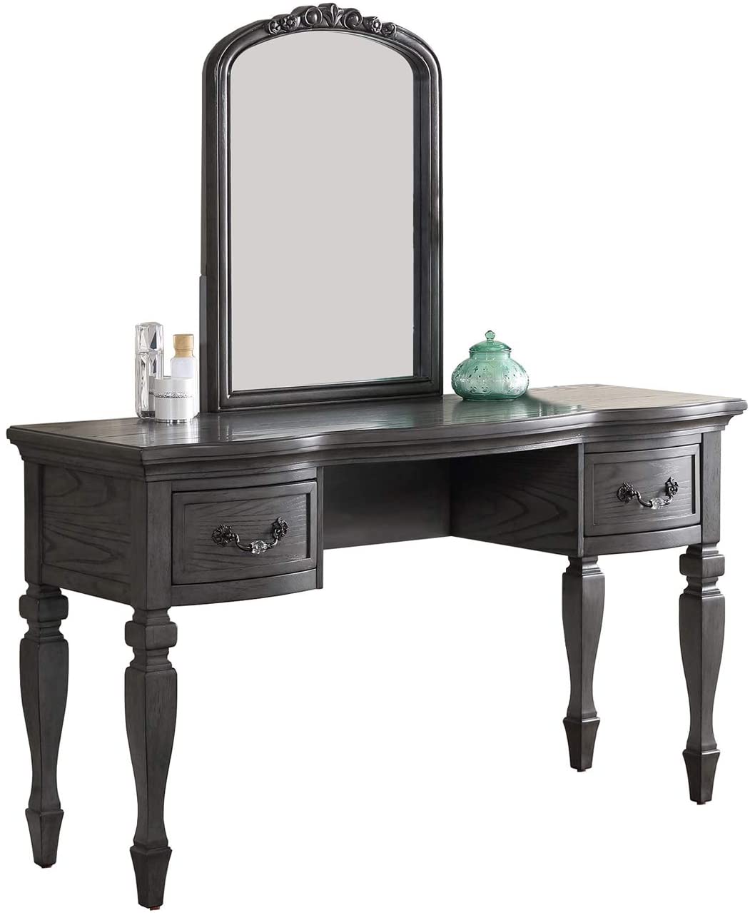 Angle. APRILSOUL - Bedroom Classic Vanity Set Wooden Carved Mirror Stool Drawers Antique Grey Finish - Grey.