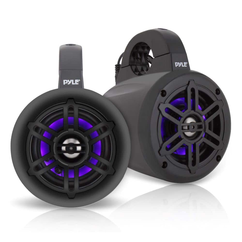 Pyle - PLMRLEWB46B Waterproof Marine Wakeboard Tower Speakers, 4” Dual Subwoofer Set, LED Lights, 300W Power