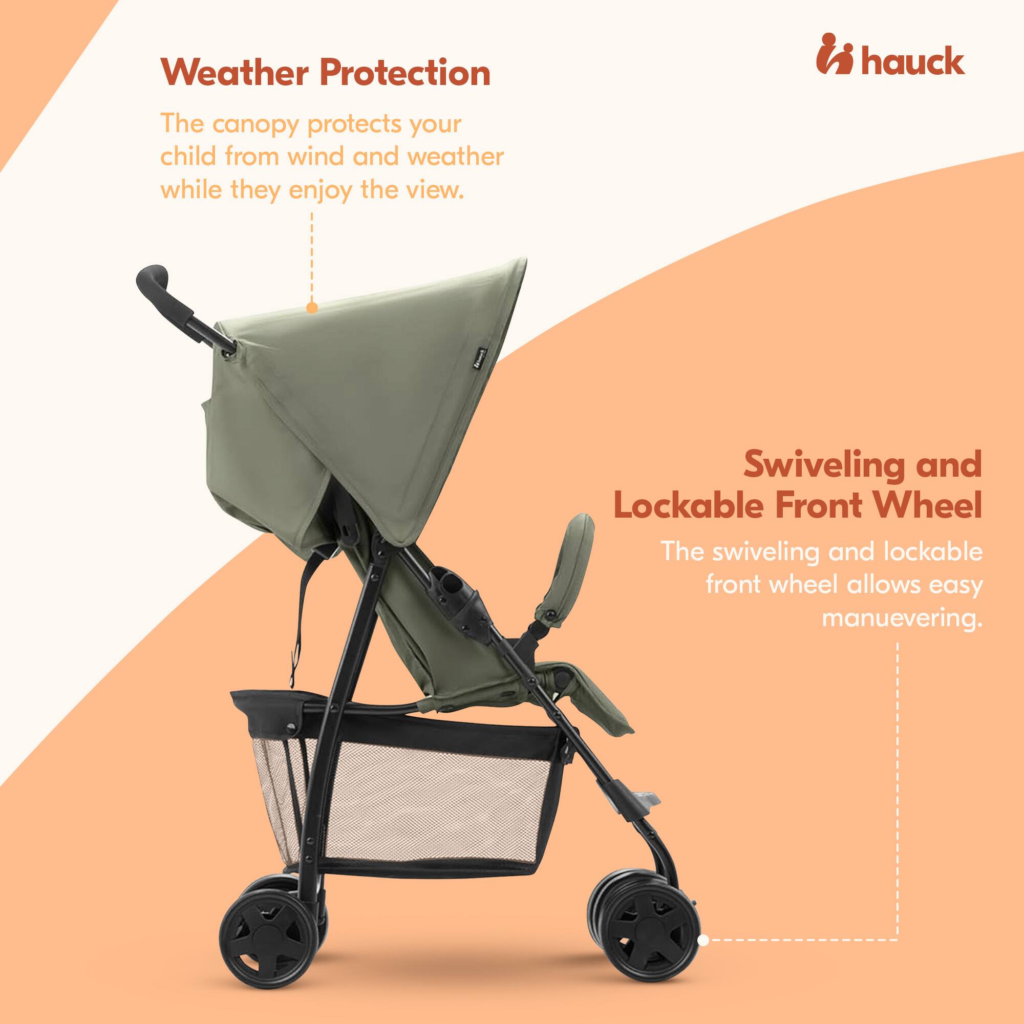 Weather Protection hauck

The canopy protects your child from wind and weather while they enjoy the view.

Swiveling and Lockable Front Wheel

The swiveling and lockable front wheel allows easy maneuvering.