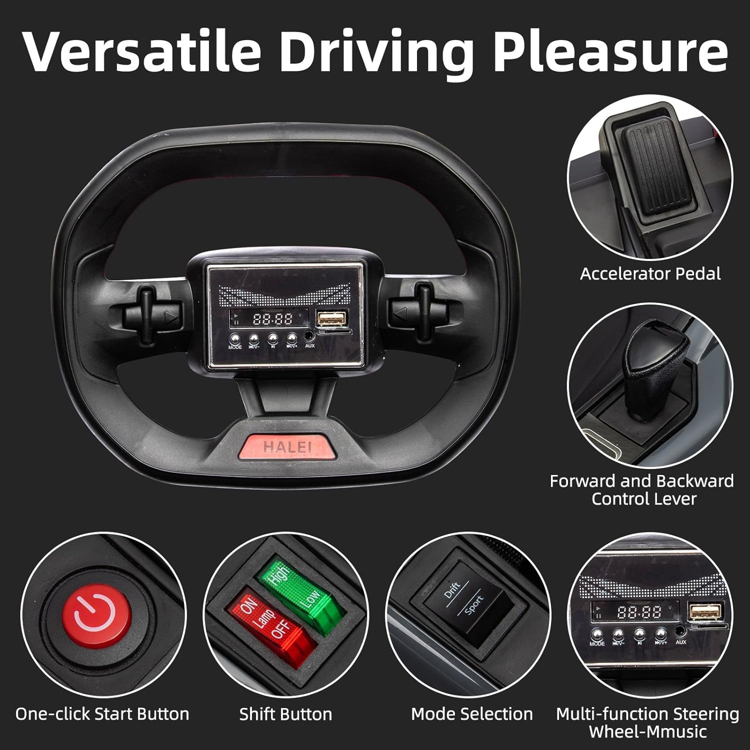Versatile Driving Pleasure

- Accelerator Pedal
- Forward and Backward Control Lever
- One-click Start Button
- Shift Button
- Mode Selection
- Multi-function Steering Wheel-Music