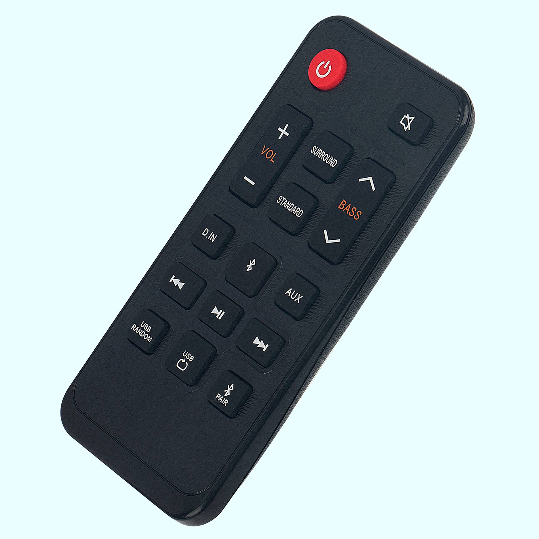 Sure, here is the corrected and grouped text from the image:

- Power
- VOL
  - +
  - -
- SURROUND
- STANDARD
- BASS
  - ↑
  - ↓
- AUX
- D.IN
- USB RANDOM
- USB
- PAIR