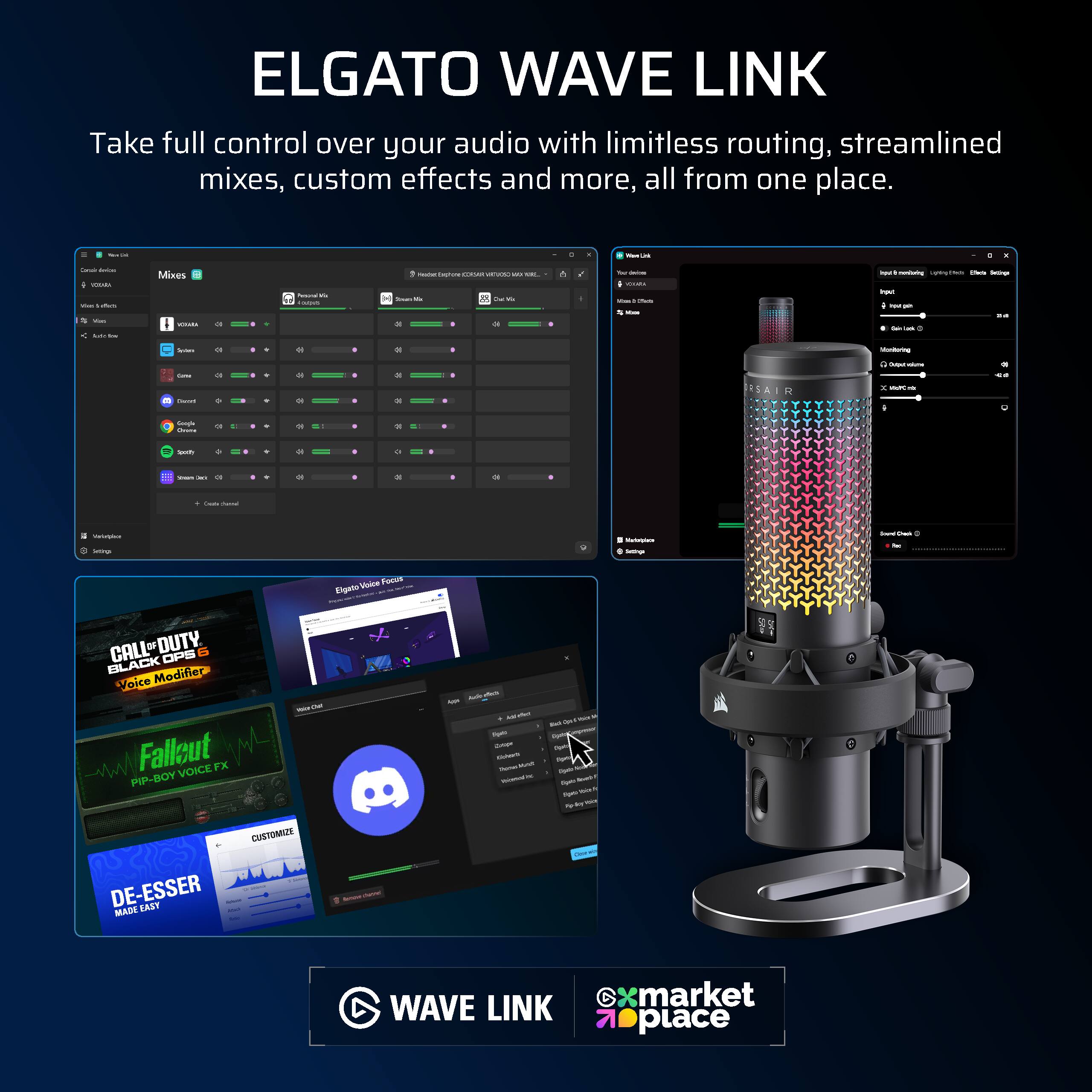 ELGATO WAVE LINK  
Take full control over your audio with limitless routing, streamlined mixes, custom effects and more, all from one place.

DE  
C  
X  
back  
VITAMI Visit in Viet satur The  
Mixes VOGULL  
a  
Amicanal & EMPA  
mar Repres man MARIA use MR.  
W PM We  
A  
- for delow Withi Vitamin - Whos  
byst youther 1999 Ingut. hour - -  
Chick King ..  
Sears  
or  
Moniforing  
Game Carrert  
a +  
0  
a a  
R  
Outpativolume x TMPC fl  
0 ..  
Google Ovena  
.  
spoth  
- -  
to  
a  
e  
Carb  
Valorplea Settings  
HataGrate Settings  
Junt Cream for  
Voice Focus Elgato  
CALL DUTY OPS BLACK Modifier Voice BOOK Fallout VOICE PIP-BOY CUSTOMIZE DE-ESSER MADE EASY AND  
mount namel  
- Addro Ports CAN - Thinten! MAR DOWNER for  
dyx rater Bel bym nicha ripe Jung - Fiber NaveO Vitamin N figees +
