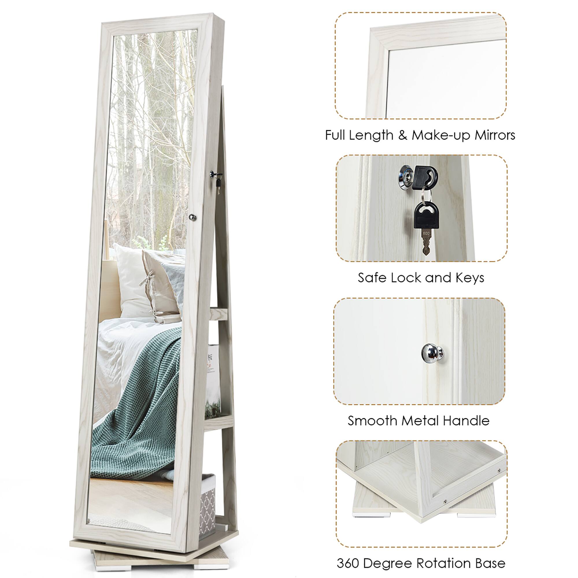 The text on the image is grouped as follows:

1. Full Length & Make-up Mirrors: These are the mirrors that are featured in the image.
2. Safe Lock and Keys: This is a security feature of the mirrors, ensuring that they are locked and cannot be tampered with.
3. 5 Smooth Metal Handle: This is the handle of the mirror, which is made of metal and is smooth to the touch.
4. 360 Degree Rotation Base: This is the base of the mirror, which allows it to rotate 360 degrees for easy adjustment and viewing from different angles.