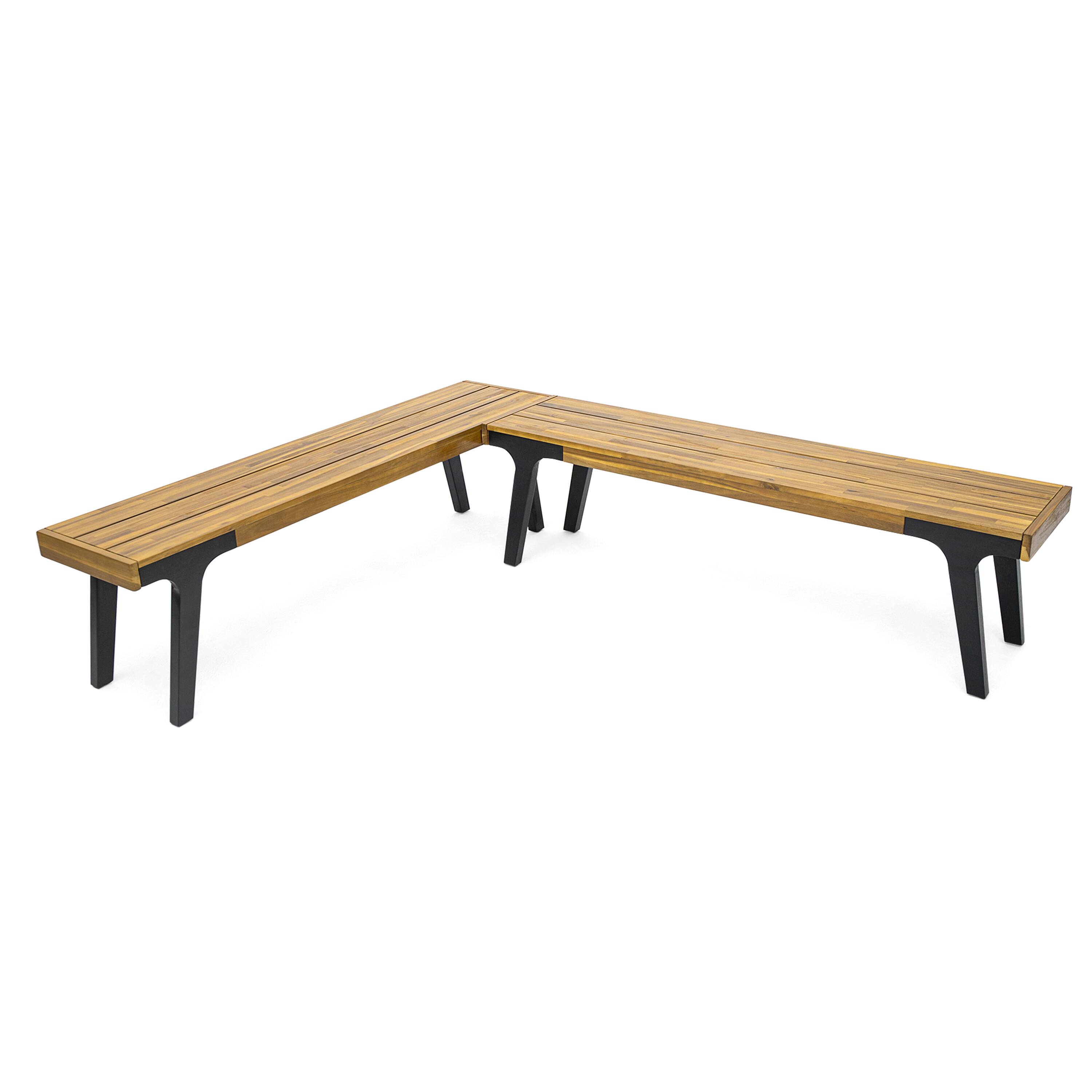 Back. Mondawe - Set of 2 Outdoor Acacia Wood Dining Bench - Teak+ Black.