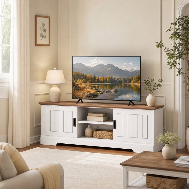 Angle. WELLFOR - Farmhouse TV Stand for TVs up to 65", Entertainment Center Media Console Table with Sliding Doors and Storage Cabinets - White.