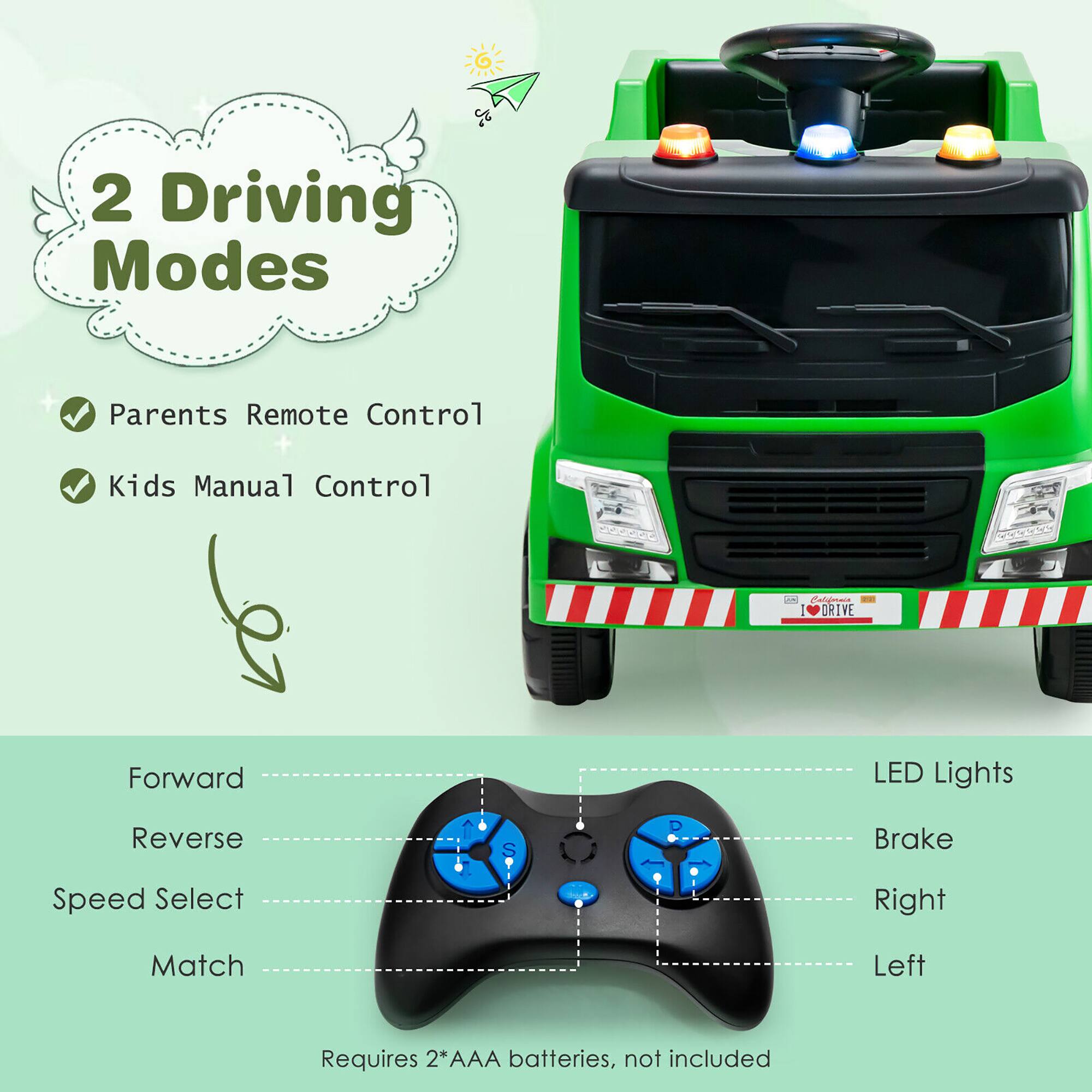2 Driving Modes

- Parents Remote Control
- Kids Manual Control

Forward  
Reverse  
Speed Select  
Match  

LED Lights  
Brake  
Right  
Left  

Requires 2*AAA batteries, not included