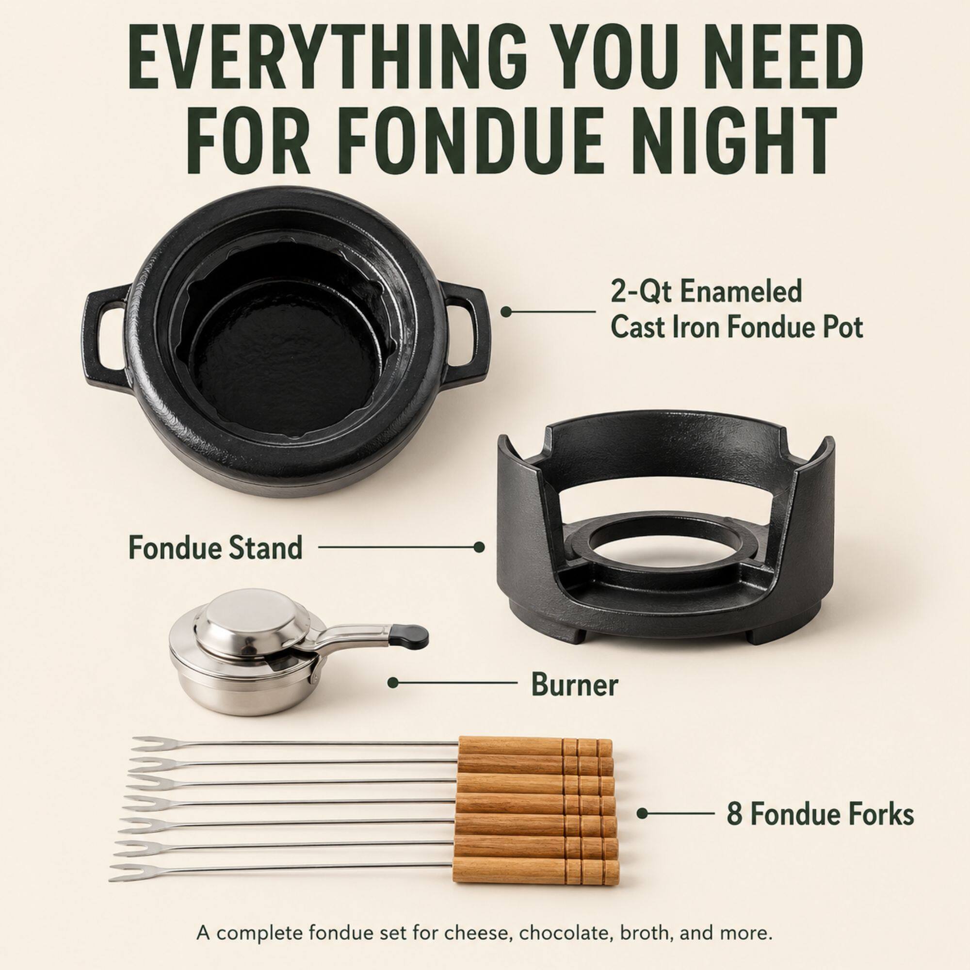 Alva Nori Enameled Cast Iron Fondue Set, 8 Piece, 2 Qt Black