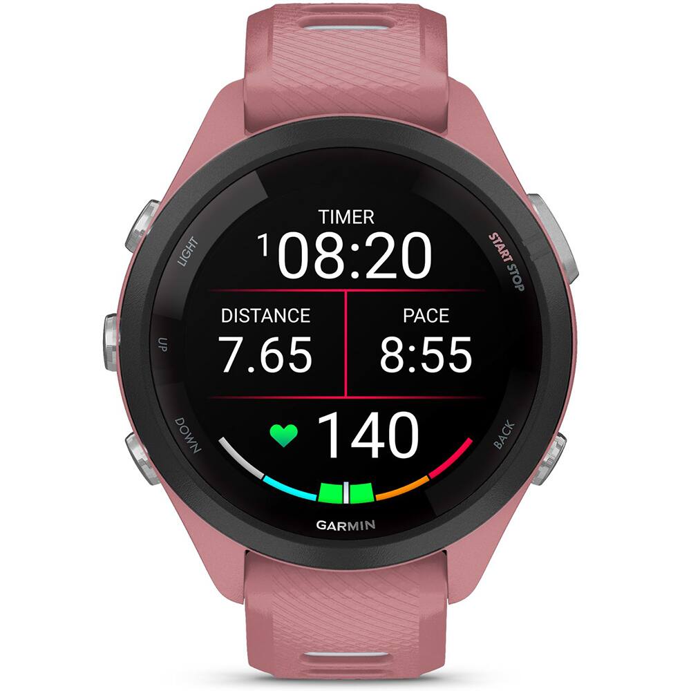TIMER 1:08:20 START STOP LIGHT DISTANCE 7.65 PACE 8:55 UP 140 DOWN BACK GARMIN