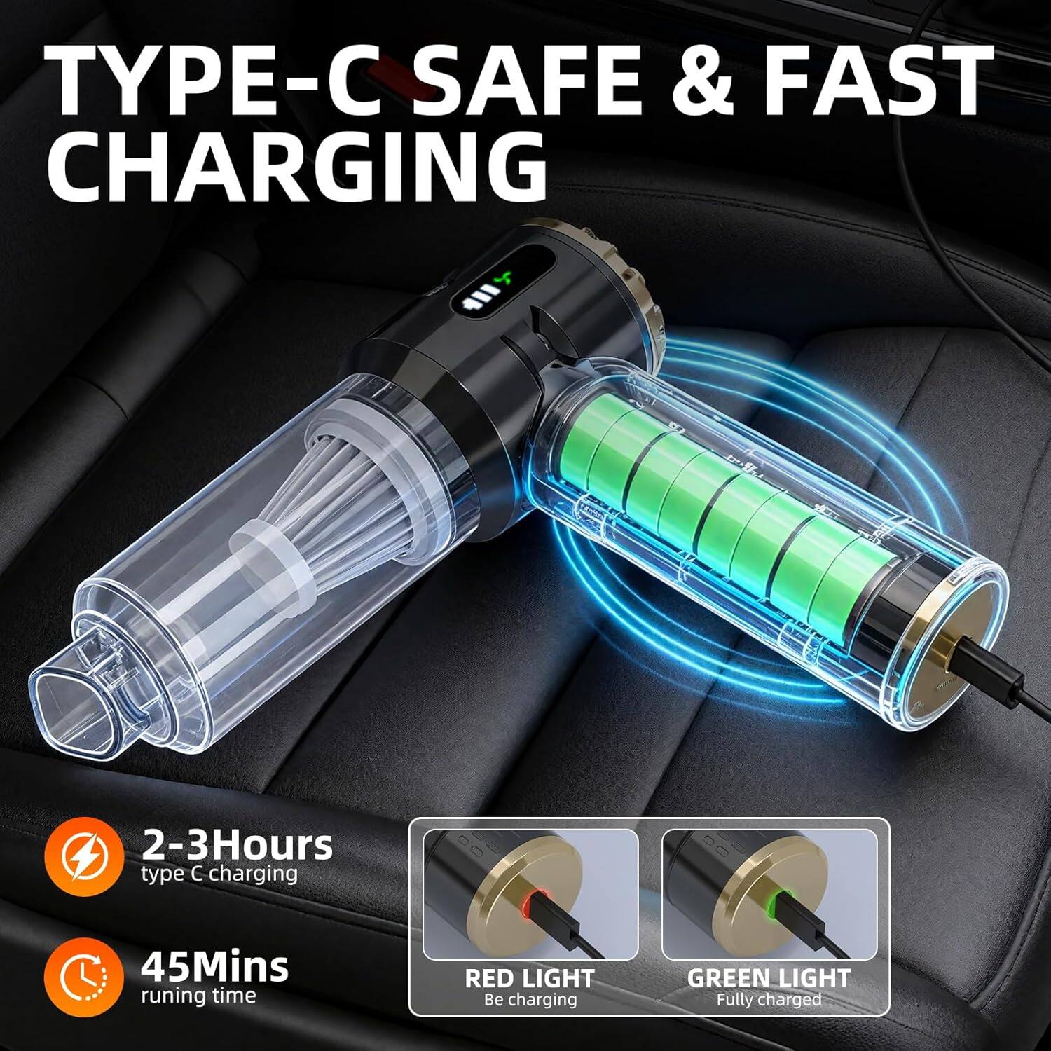 TYPE-C SAFE & FAST CHARGING

2-3 Hours type C charging
45 Mins running time

RED LIGHT - Be charging
GREEN LIGHT - Fully charged