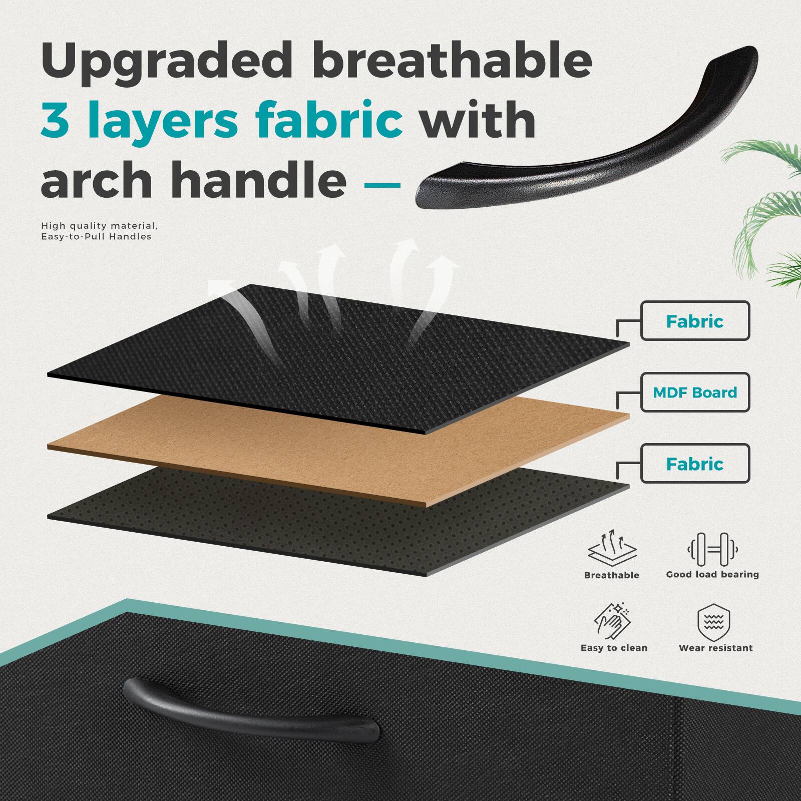 Upgraded breathable 3 layers fabric with arch handle

- High quality material
- Easy-to-Pull Handles

Fabric
MDF Board
Fabric

- Breathable
- Good load bearing
- Easy to clean
- Wear resistant