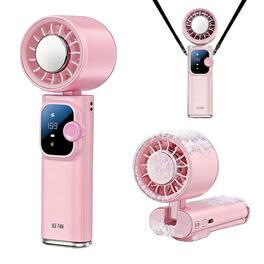 PRIMEPLUS - Portable Ice Cooling Fan, 20000RPM 199-Speed Rechargeable Neck Fan, 4000mAh 15H LED Display for Travel Outdoor - Pink