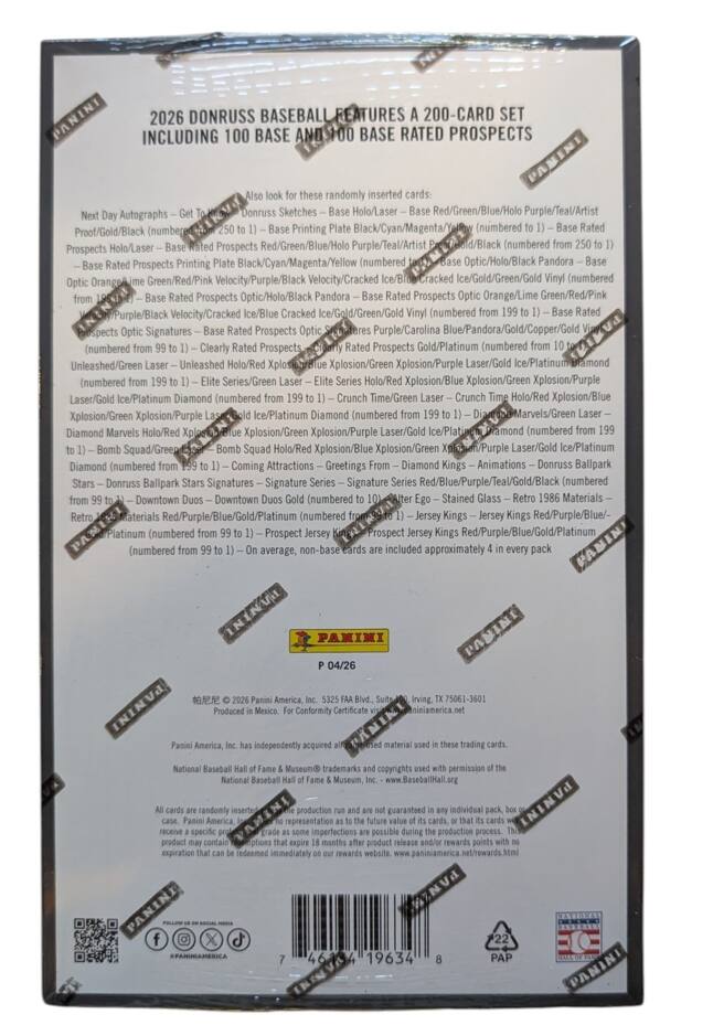 PANINI 2026 DONRUSS BASEBALL FEATURES A 200-CARD SET INCLUDING 100 BASE AND 100 BASE RATED PROSPECTS

PANINI

2026 DONRUSS BASEBALL FEATURES A 200-CARD SET INCLUDING 100 BASE AND 100 BASE RATED PROSPECTS

Next Day Autographs – Get To Know Donruss Sketches – Base Holo/Laser – Base Red/Green/Blue/Holo Purple/Teal/Artist Proof/Gold/Black (numbered to 1) – Base Rated Prospects Holo/Laser – Base Rated Prospects Red/Green/Blue/Holo Purple/Teal/Artist Proof/Gold/Black (numbered to 1) – Base Rated Prospects Printing Plate Black/Cyan/Magenta/Yellow (numbered to 1) – Base Rated Prospects Optic/Holo/Black Pandora Optic Orange/Lime Green/Red/Pink Velocity/Purple/Black Velocity/Cracked Ice/Blue Cracked Ice/Gold/Green/Gold (numbered to 1) – Base Rated Prospects Optic/Holo/Black Pandora Rated Prospects Orange/Lime