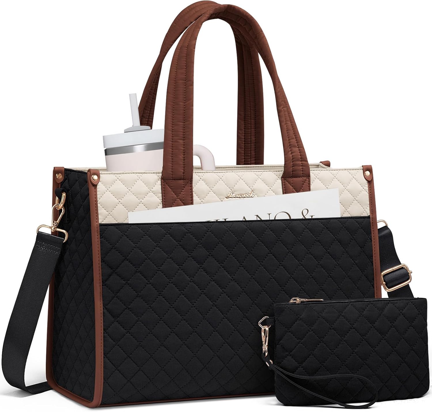 Front. Vulpecula Spade - Laptop Tote Bag,Quilted Work Tote Bags Women, Professional Computer Business Teacher Tote Bag Office Briefcase Purse - Black and White Brown.