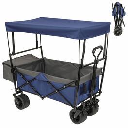 Mondawe - 480lbs Collapsible Wagon Utility Carts w/ Mosquito Net, Ice Pack, Removable Canopy - Dark Blue
