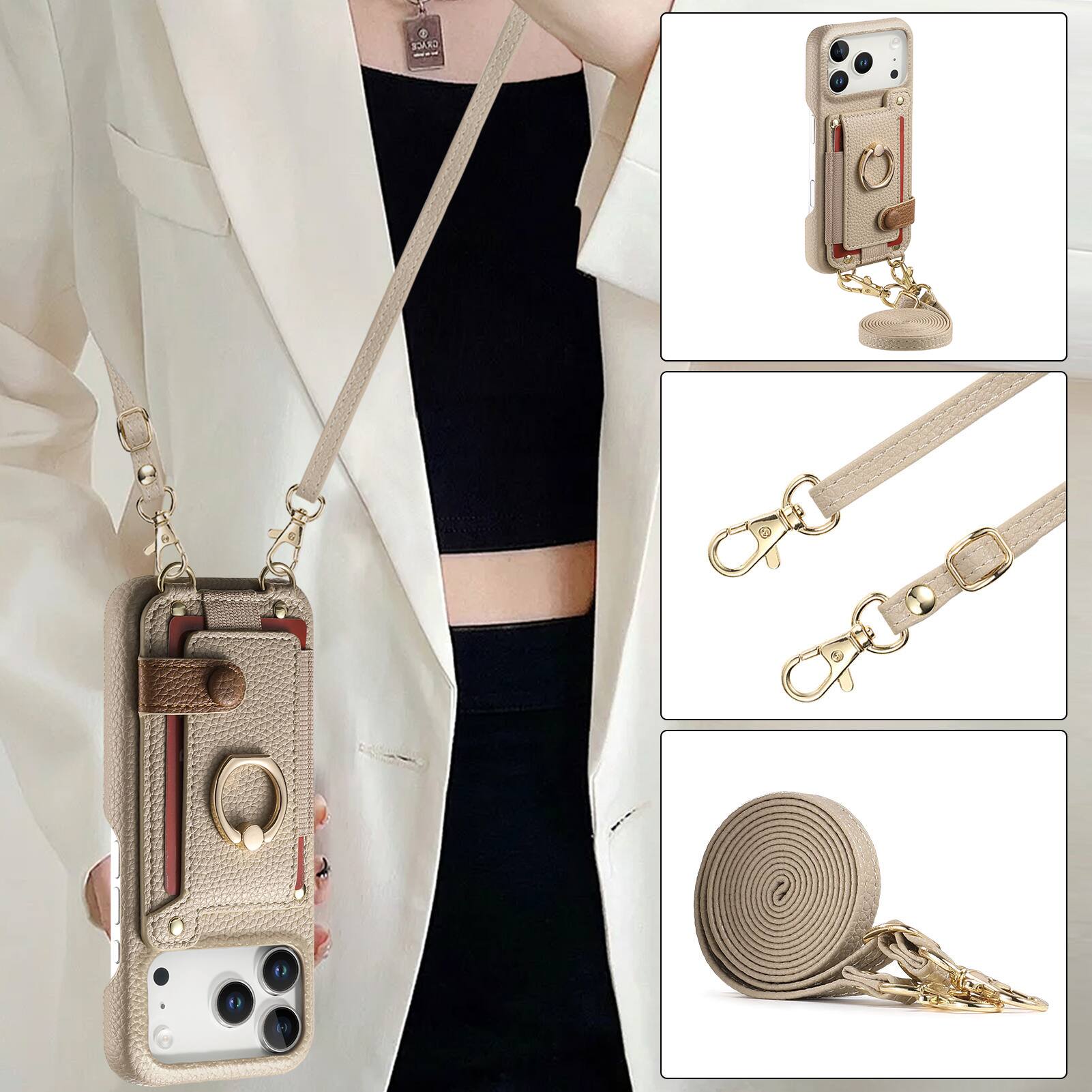 Alt View 5. Dteck - Lychee Texture Wallet Case for Apple iPhone 17 Pro Max with Ring Stand,Crossbody Faux Leather Cover with Card Holder - Khaki.