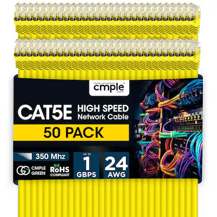 make connections cmple .com
HIGH SPEED CAT5E Network Cable
50 PACK
UP TO 350 Mhz
CMPLE
RoHS
1 GBPS
24 AWG
GREEN COMPLIANT