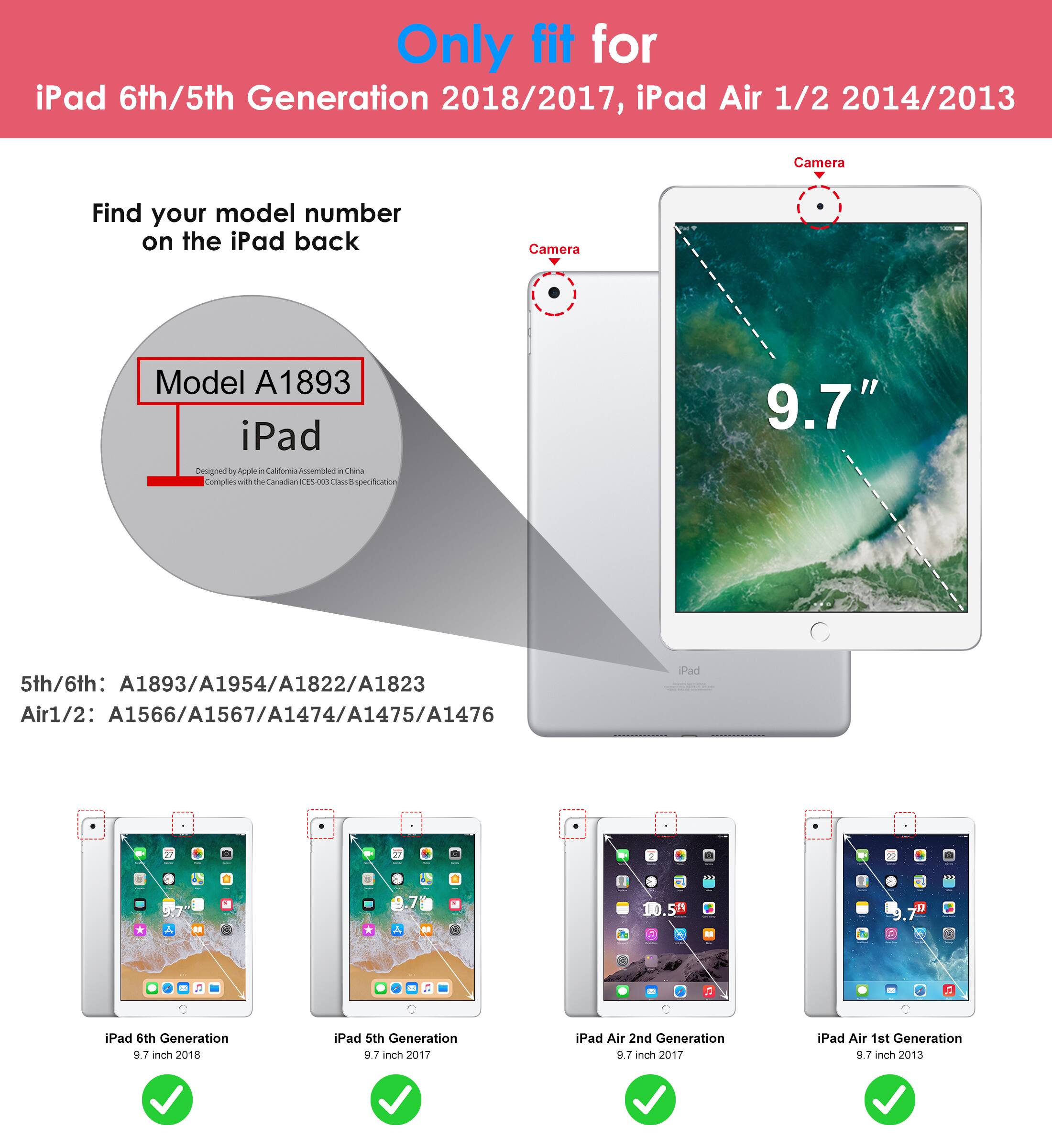 Only fit for  
iPad 6th/5th Generation 2018/2017, iPad Air 1/2 2014/2013  

Find your model number on the iPad back  

Model A1893  
iPad  
Designed by Apple in California  
Assembled in China  
Complete with the components of the United States  

5th/6th: A1893/A1954/A1822/A1823  
Air1/2: A1566/A1567/A1474/A1475/A1476  

iPad 6th Generation 9.7 inch 2018  
iPad 5th Generation 9.7 inch 2017  
iPad Air 2nd Generation 9.7 inch 2017  
iPad Air 1st Generation 9.7 inch 2013