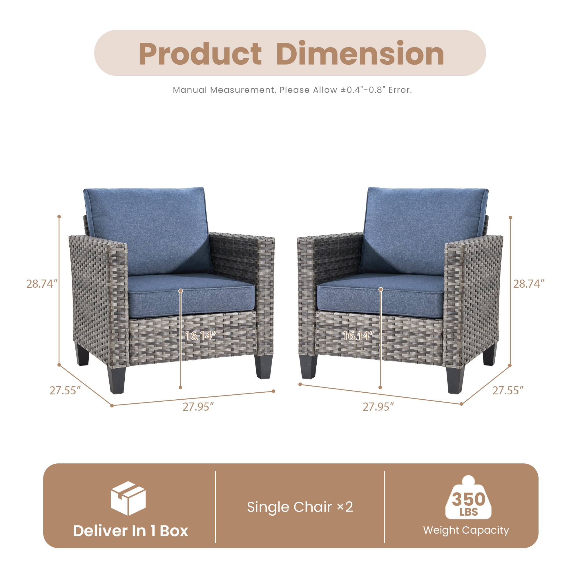 Product Dimension  
Manual Measurement, Please Allow ±0.4"-0.8" Error.

28.74"  
27.55"  
27.95"  
16.14"

Deliver In 1 Box  
Single Chair x2  
350 LBS Weight Capacity