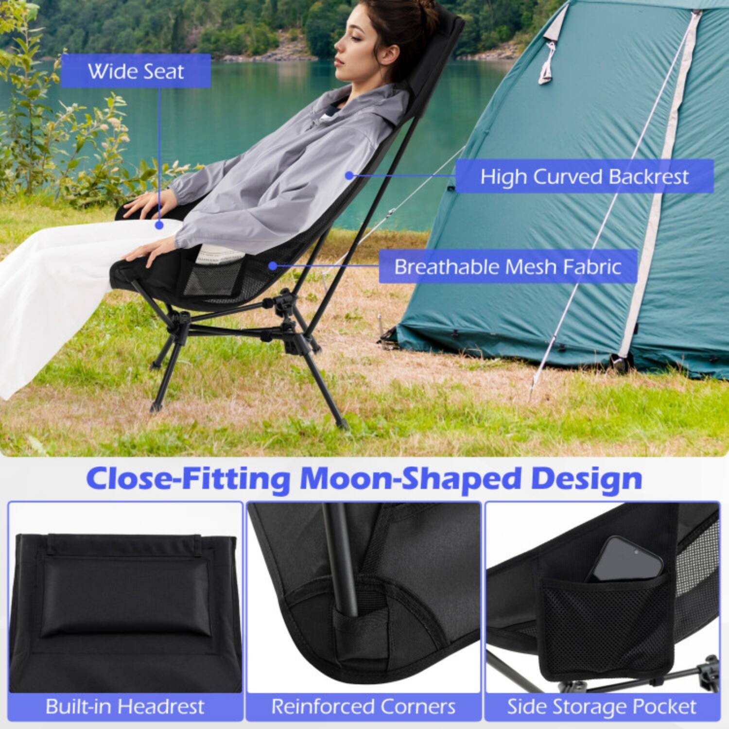 - Wide Seat
- High Curved Backrest
- Breathable Mesh Fabric
- Close-Fitting Moon-Shaped Design
- Built-in Headrest
- Reinforced Corners
- Side Storage Pocket