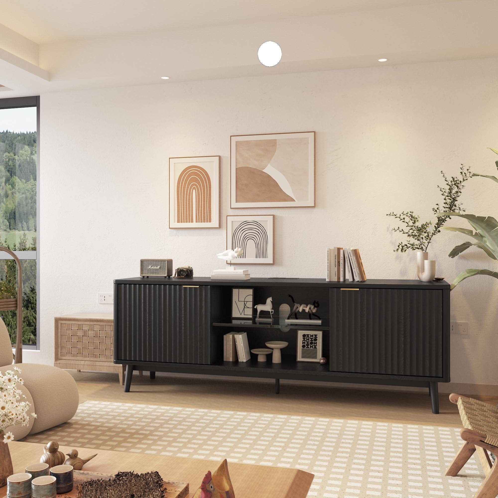 Alt View 4. Qeetex - 63" TV Stand with Power Outlets, Modern Entertainment Center with Adjustable Glass Shelf & Storage Cabinets - Black.