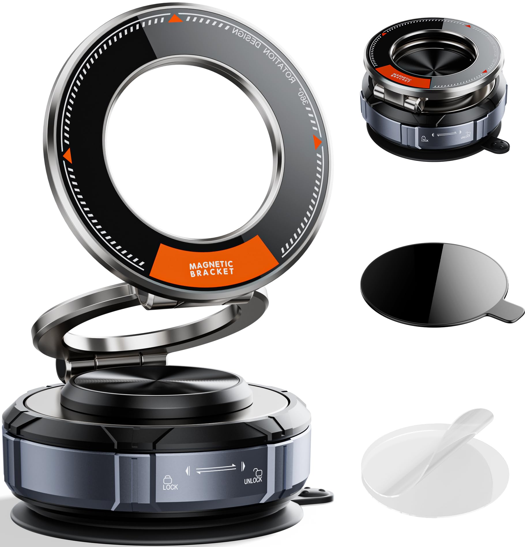 HM 1810 - Upgraded Suction Cup Phone Mount 360° Zinc Alloy Stand Vacuum Magnetic Car Holder For Magsafe 98 Lbs Ultra - Gunmetal